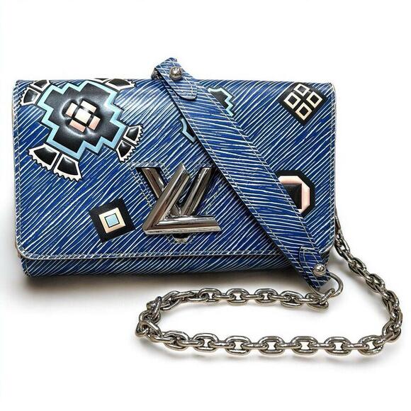 LOUIS VUITTON Aztec Denim Blue Epi Leather Twist Chain Wallet Crossbody Bag +COA - Picture 1 of 13